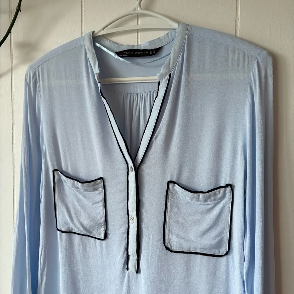 Zara Light Blue Mandarin Collar Blouse | Size XS - Picture 3 of 5